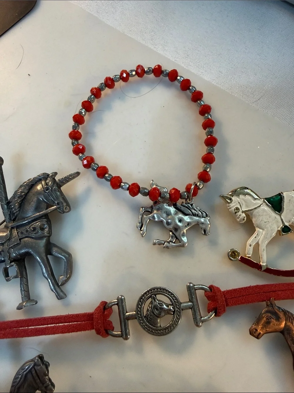 Horse Jewelry Lot - Red Beaded Bracelet & Assorted Horse Charms buy one buy all!